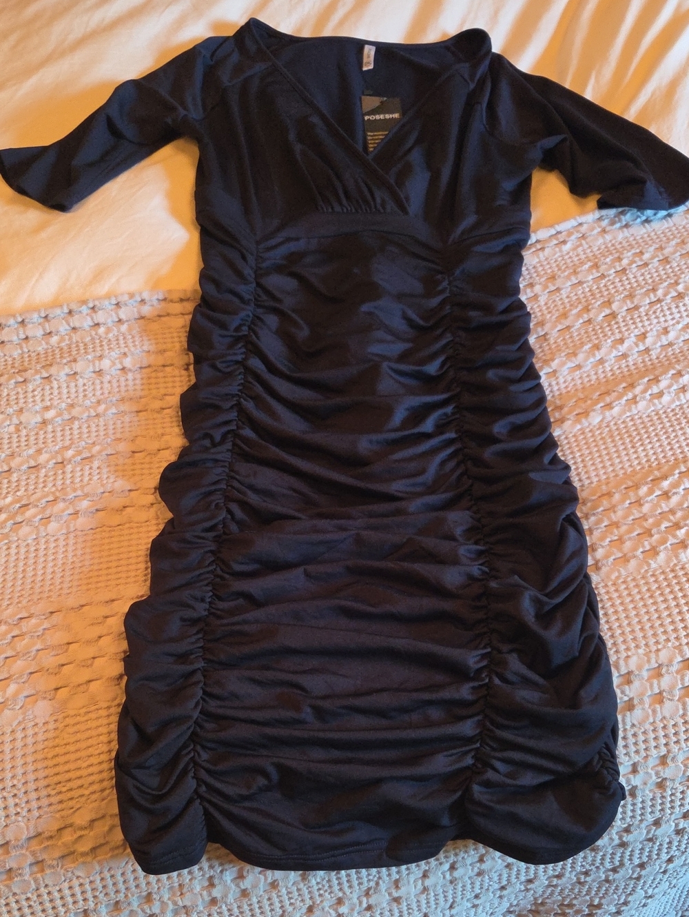 Navy Ruched V-Neck Women’s Dress